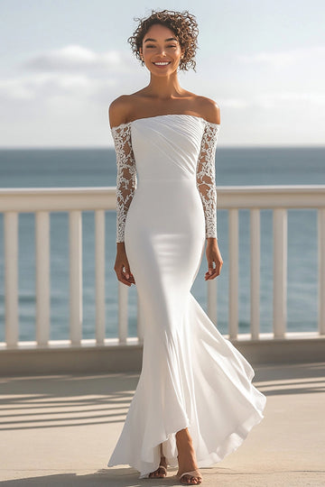 Ivory Chiffon Ruched Mermaid Maxi Boho Formal Dress with Sleeves